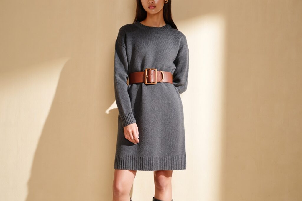femme portant une robe pull grise