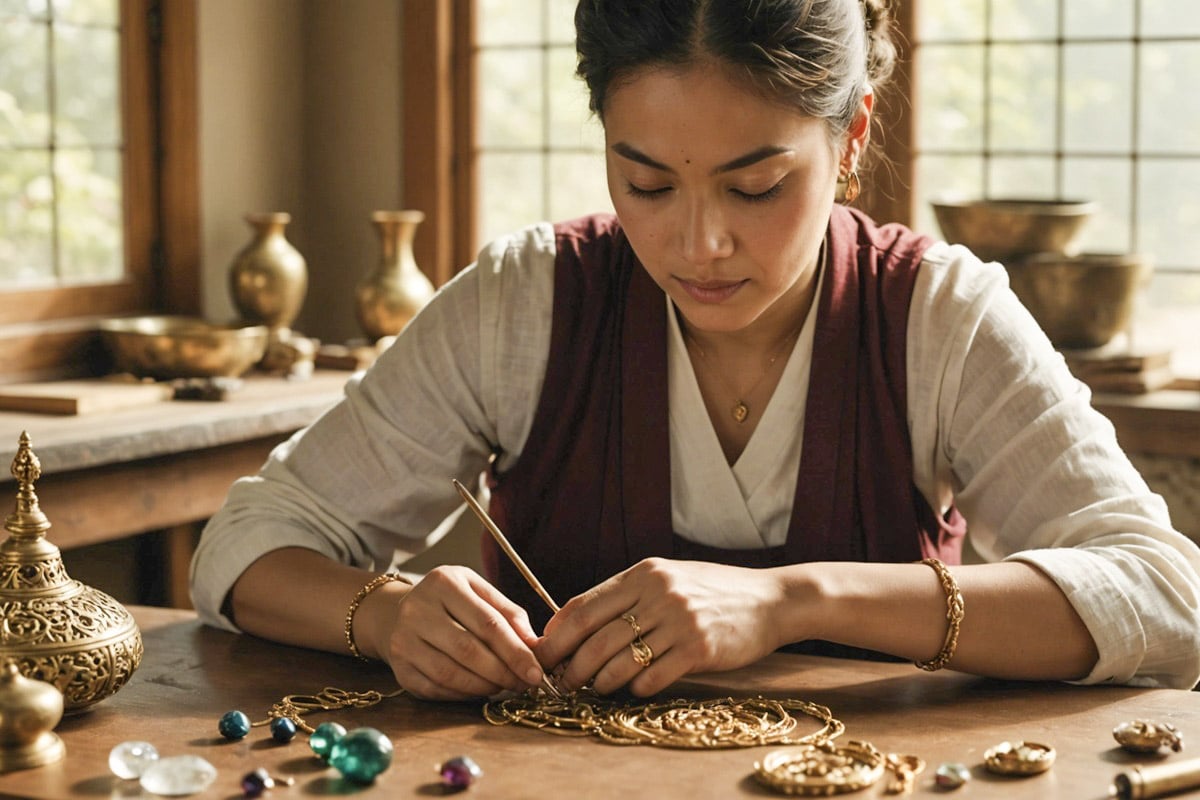 femme qui fabriquent des bijoux bouddhistes