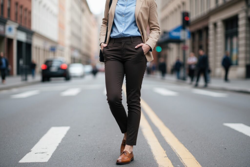 femme portant un pantalon marron avec une c hemise bleu ciel