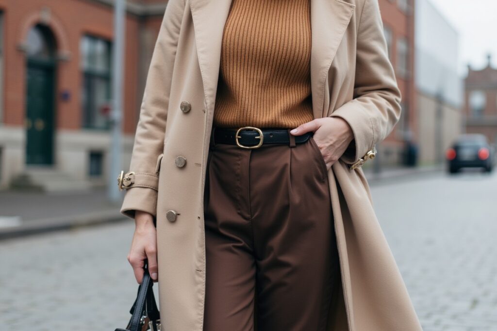 femme portant un pantalon marron avec un pullo camel et une manteau beige