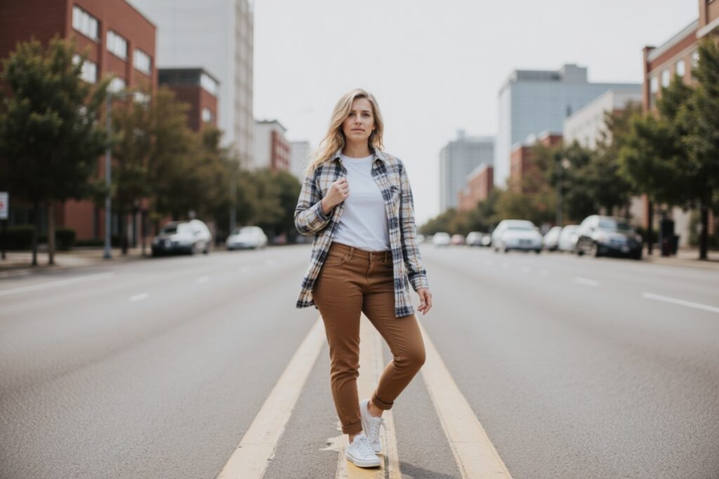 femme pantalon marron et surchemise à carreaux