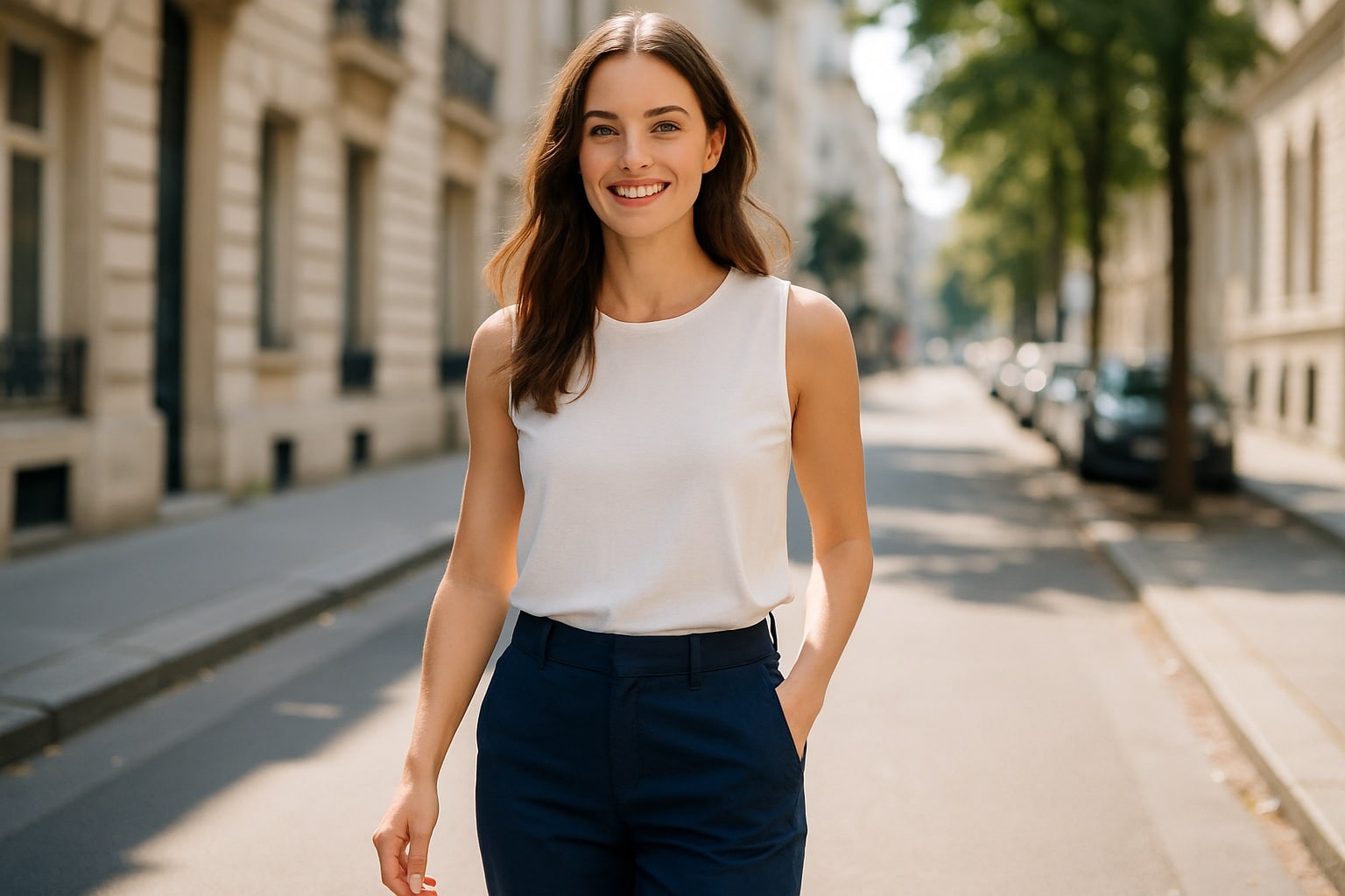 femme portant un pantalon bleu marine et un top blanc