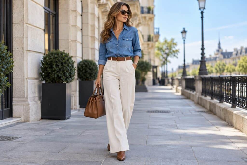 femme élégante avec pantalon large et chemise en jean