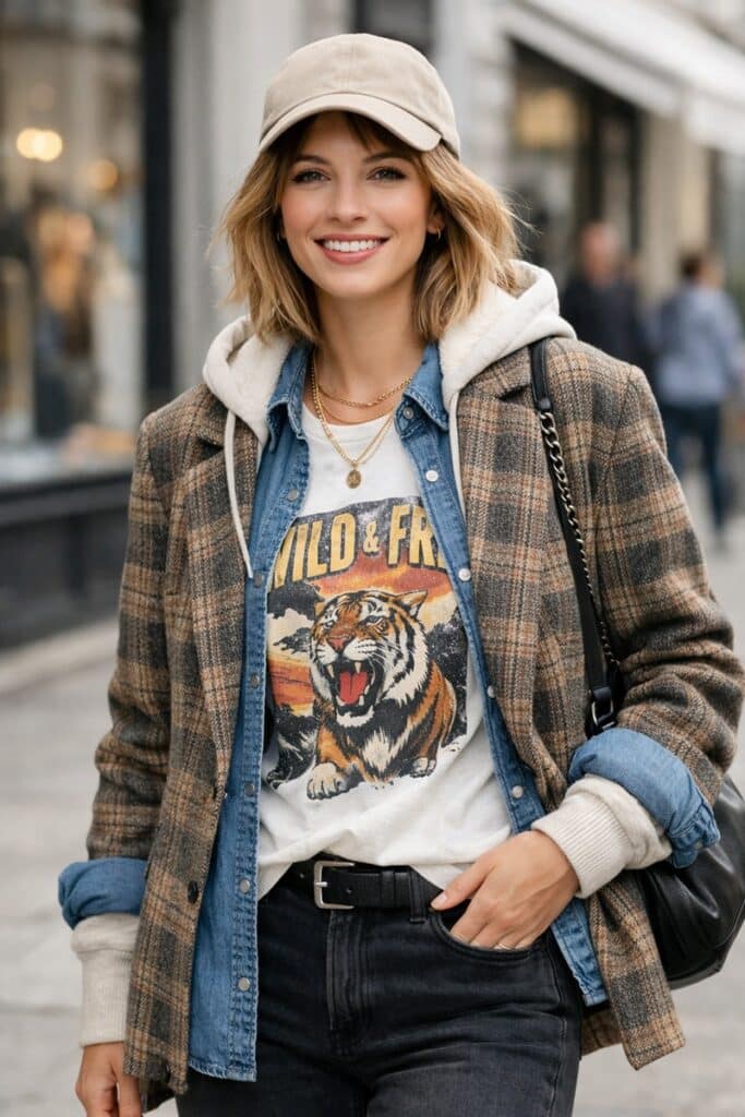 femme stylé avec t-shirt imprimé et superposition de vêtements