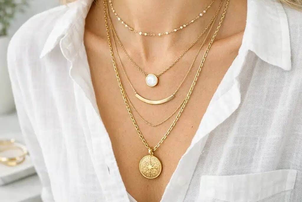cou de femmes avec colliers superposés