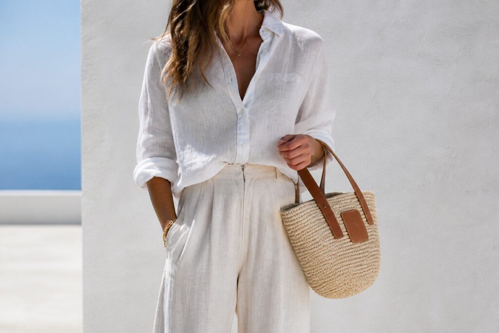 belle tenue avec un sac en paille