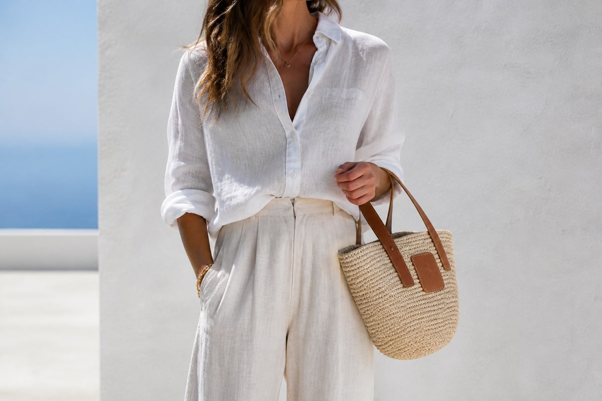 belle tenue avec un sac en paille