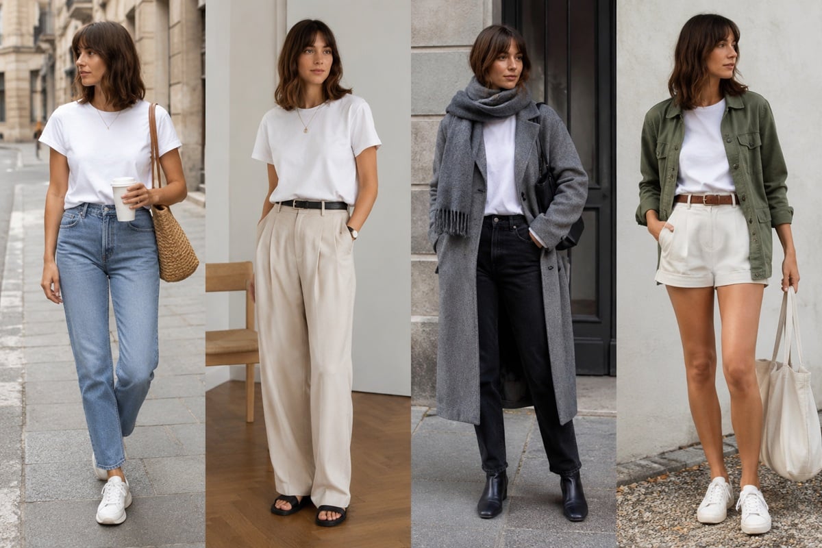plusieurs tenues avec un t-shirt blanc