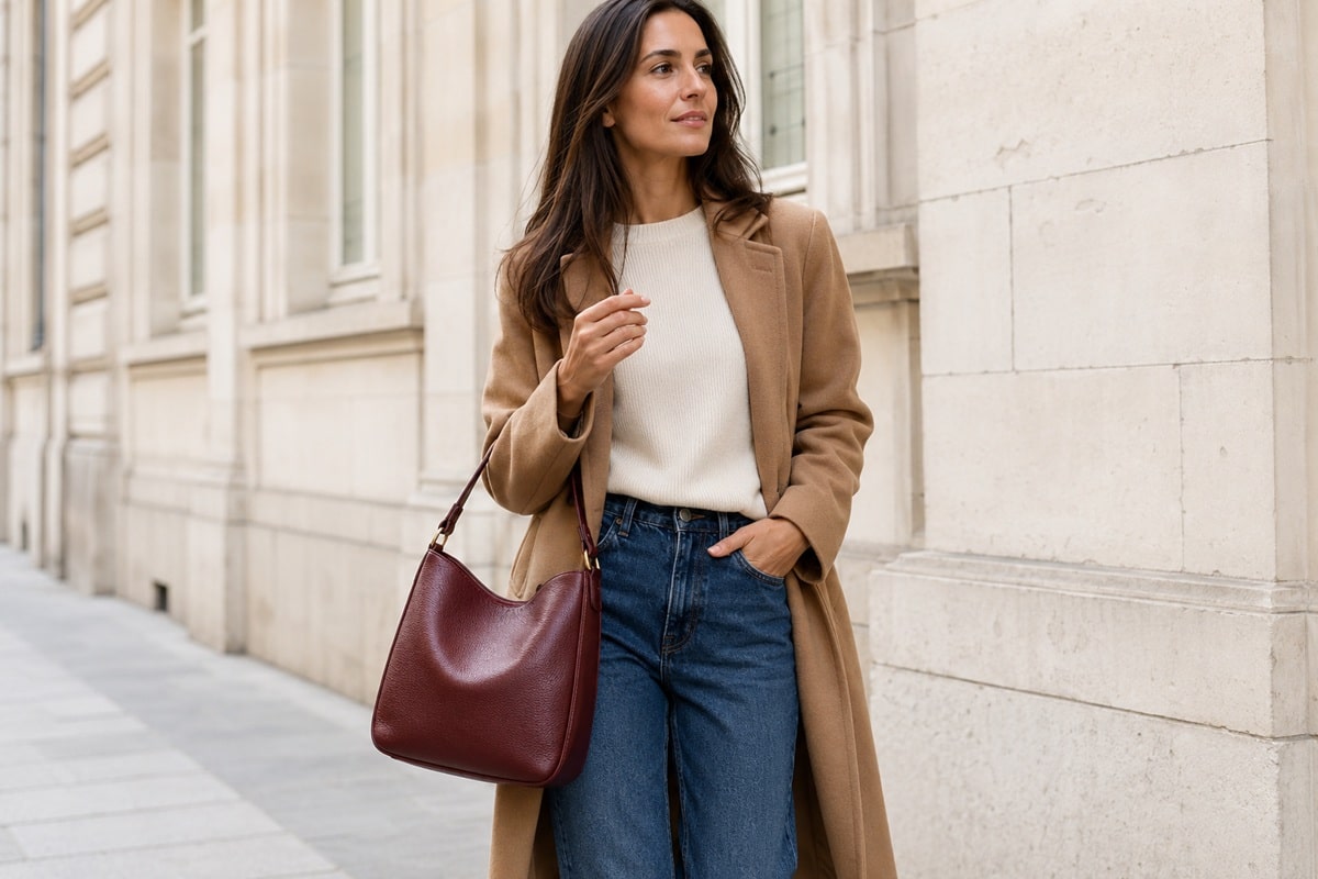 Élégance urbaine avec un sac bordeaux