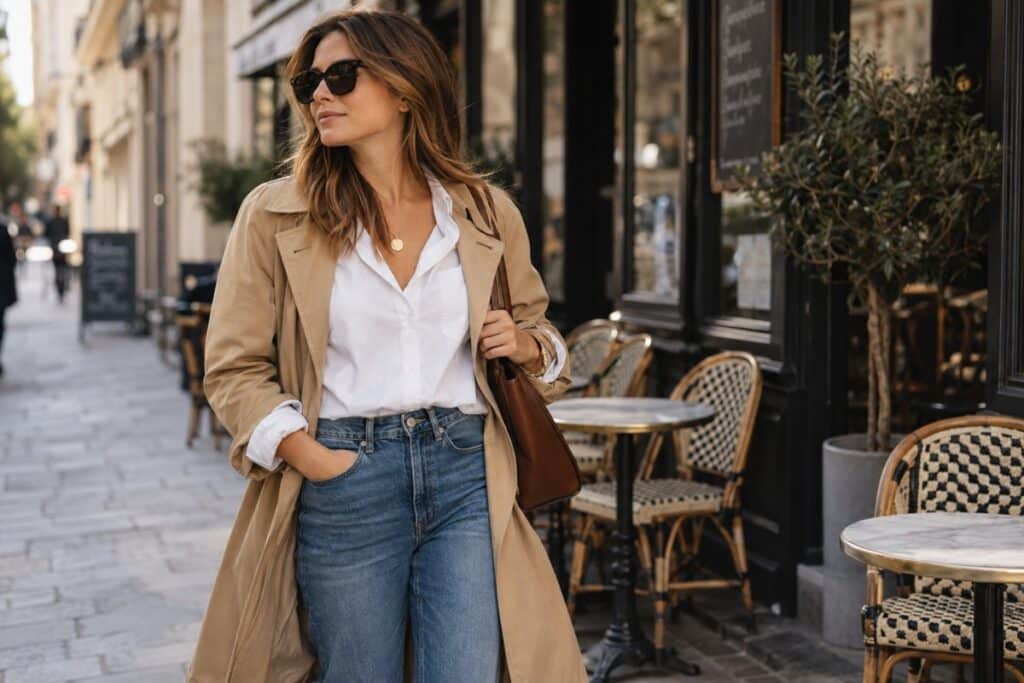 Une femme arbore un look casual chic avec trench, chemise blanche et jean