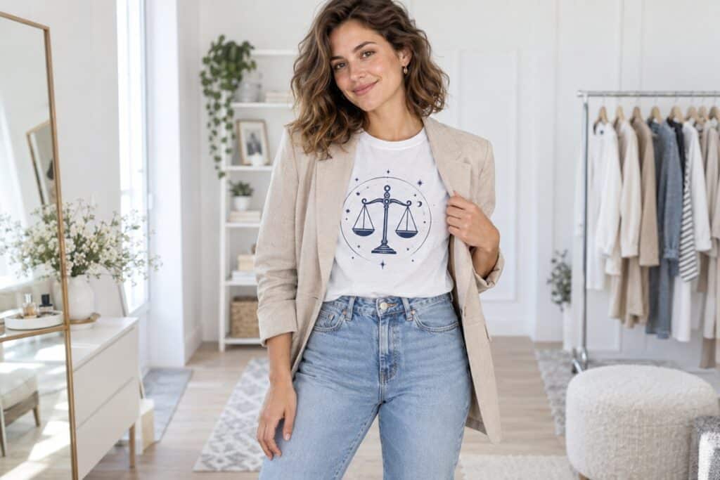 femme portant un t-shirt avec le signe de la balance