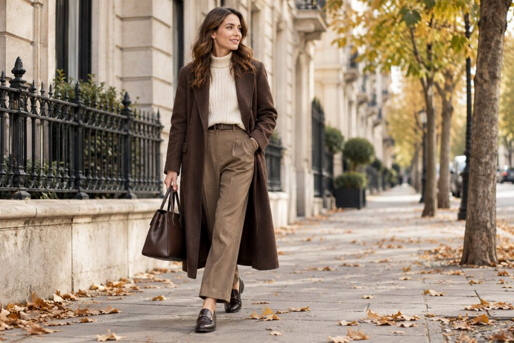 femme élégante se promenant dans la rue en automne